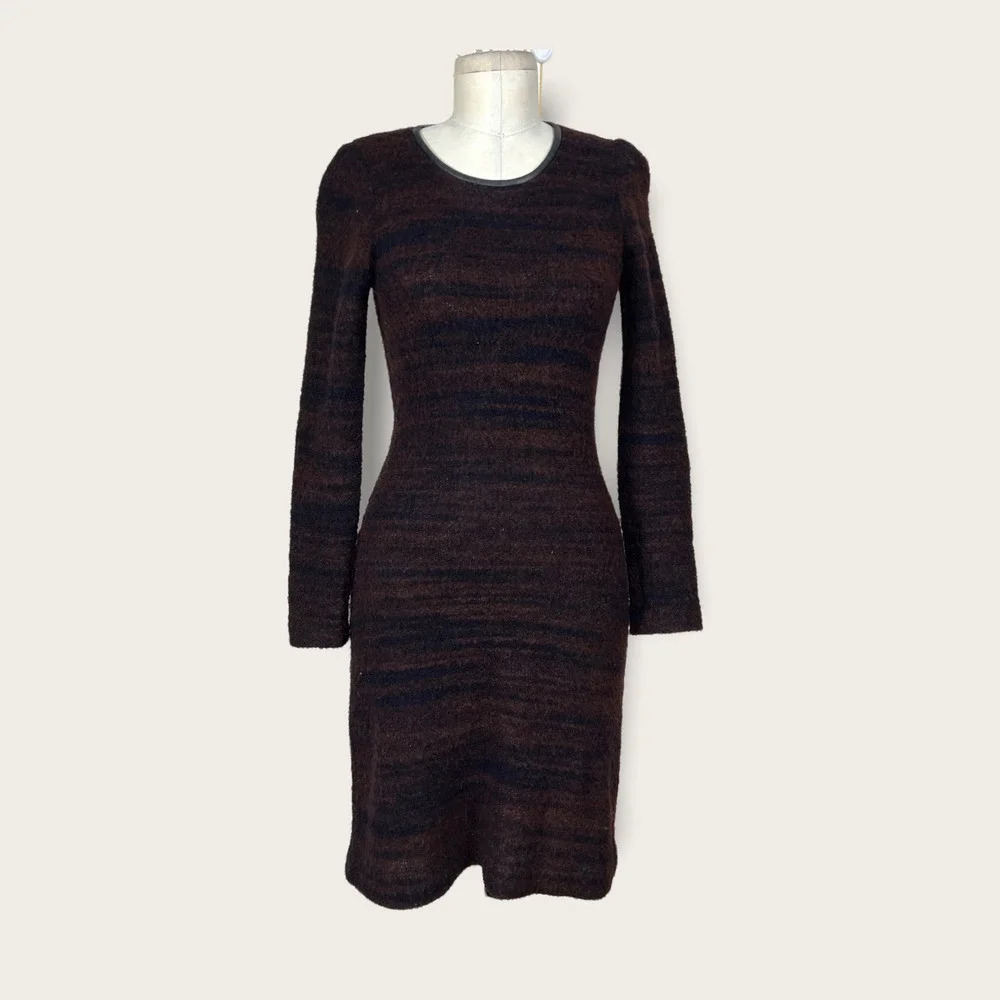 Isabel Marant Etoile Leather‎ Trim Boucle Sweater Dress Brown Black Size US 6
